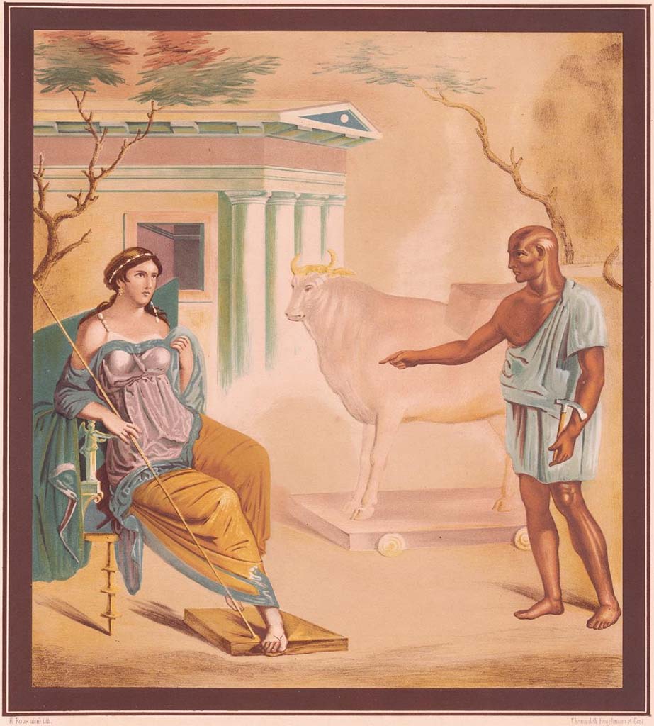 VI.7.9 Pompeii. 1846 painting by H. Roux of a painting of Daedalus showing Pasiphae the wooden cow, found on the entrance pillar. 
According to Helbig, allegedly identical paintings were found on the entrance pillar of VI.7.9 (Helbig 1207) and in the tablinum of VII.4.48 (Helbig 1206).
See Helbig, W., 1868. Wandgemälde der vom Vesuv verschütteten Städte Campaniens. Leipzig: Breitkopf und Härtel, 1207.
See Raoul-Rochette M., 1846. Choix de Peintures de Pompei. Paris : L’Imprimerie Royale, pl. 13.
