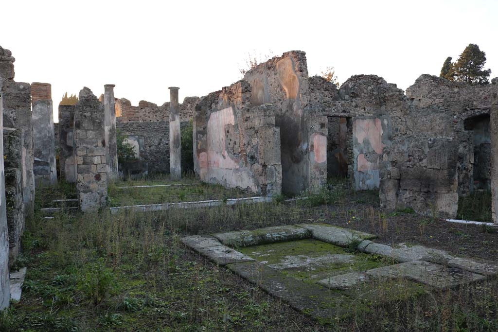 VI.7.20 Pompeii. December 2018. 
Looking north-west across impluvium in atrium towards north wall of tablinum and corridor to rear. Photo courtesy of Aude Durand.
