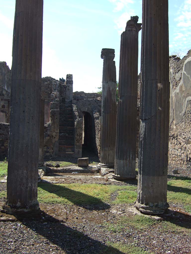 VI.7.21 Pompeii. September 2005. Looking west across impluvium and columns.