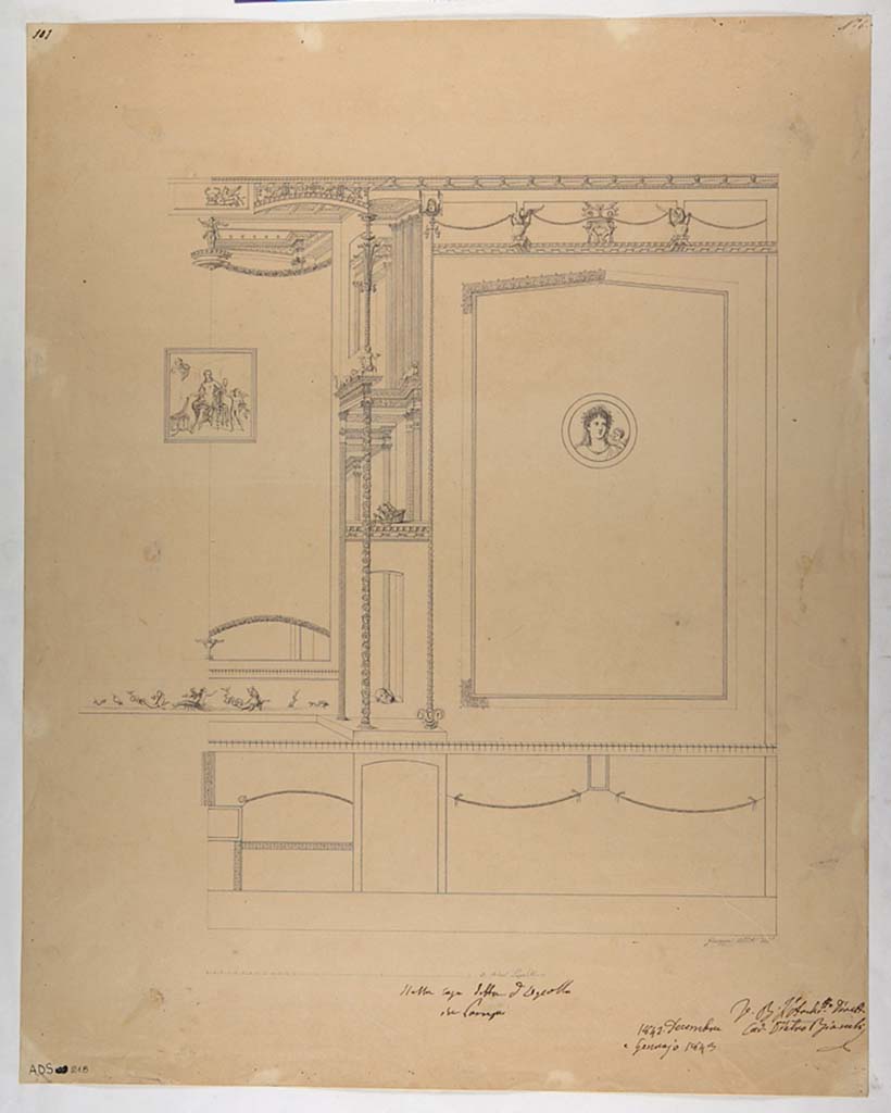 VI.7.23 Pompeii. Pen and ink drawing by Giuseppe Abbate of west end of south wall of tablinum. 
This showed the medallion with head of a female with cupid on her shoulder, left in situ and now faded and unrecognisable.
Now in Naples Archaeological Museum. Inventory number ADS 218.
Photo © ICCD. http://www.catalogo.beniculturali.it
Utilizzabili alle condizioni della licenza Attribuzione - Non commerciale - Condividi allo stesso modo 2.5 Italia (CC BY-NC-SA 2.5 IT)
