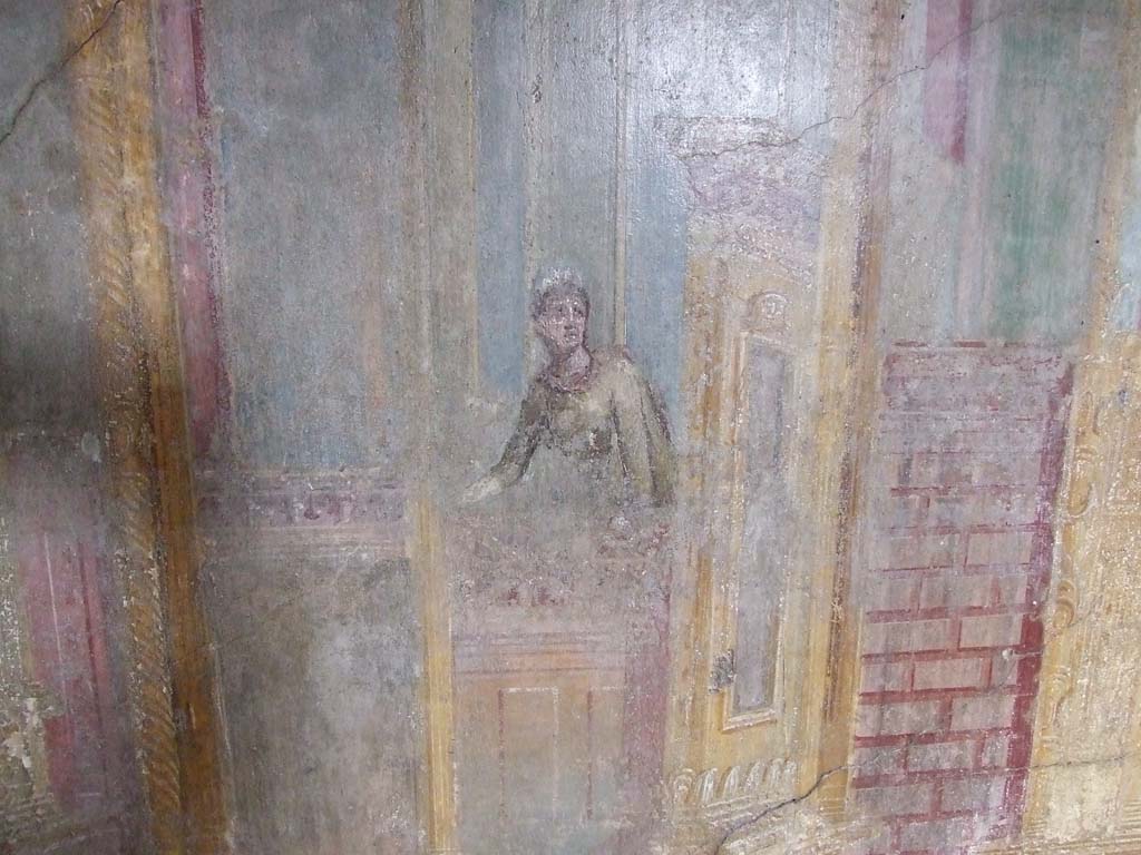 VI.7.23 Pompeii. December 2006. Cubiculum. North wall. Female figure on a balcony.
See Caso L., in Rivista di Studi Pompeiani III, 1989, p. 112.
