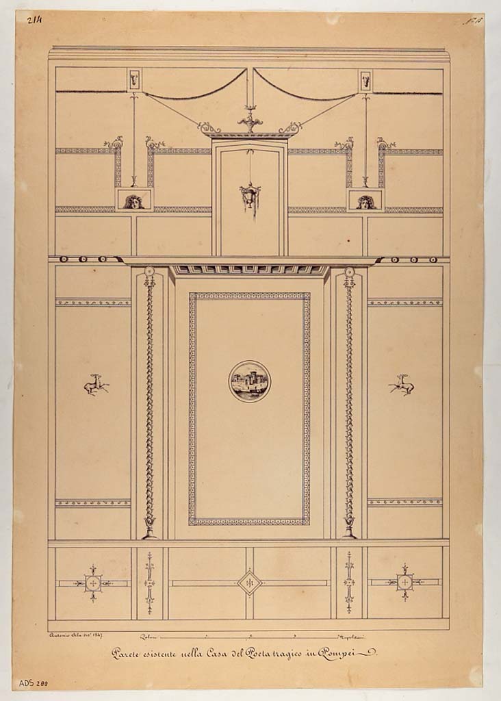 VI.8.3 Pompeii. Room 16, north wall decoration, painting by Antonio Ala, 1847. 
Now in Naples Archaeological Museum. Inventory number ADS 288.
Photo © ICCD. http://www.catalogo.beniculturali.it
Utilizzabili alle condizioni della licenza Attribuzione - Non commerciale - Condividi allo stesso modo 2.5 Italia (CC BY-NC-SA 2.5 IT)
