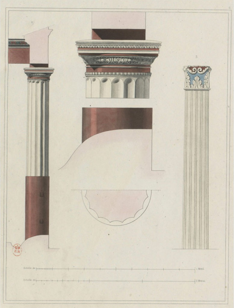 VI.8.3/5 Pompeii. c.1828. Drawings of details of columns and capitals from peristyle.
See Raoul Rochette et Bouchet J., 1828. Choix d'Edifices Inédits : Maison du Poète Tragique. Paris, pl 6.
