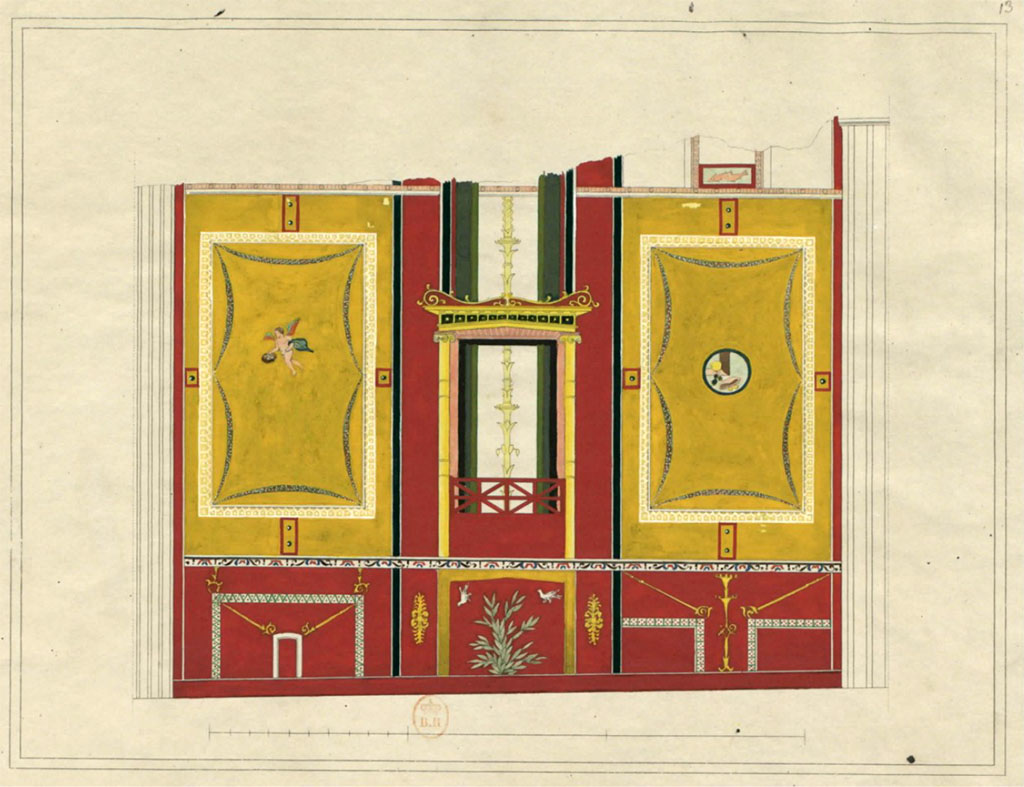 VI.8.5 Pompeii. c.1828. Entrance fauces/corridor, detail from north end of west wall.
See Raoul Rochette et Bouchet J., 1828. Choix d'Edifices Inédits : Maison du Poète Tragique. Paris, pl 13. (described as Chambre 14, on his plan)

