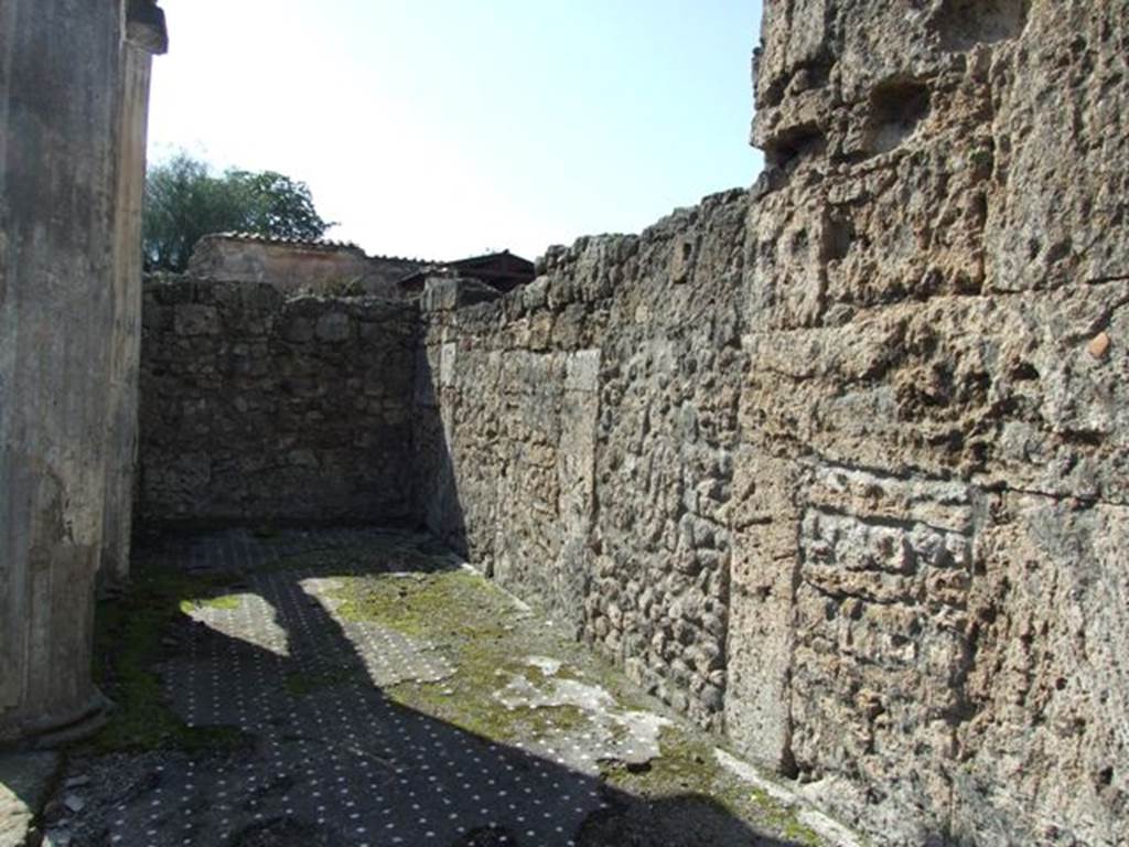 VI.8.21. Pompeii.  March 2009.  Atrium.  North side looking west into area of exedra.  The bricked in columns on south side formed a wall of the exedra.
