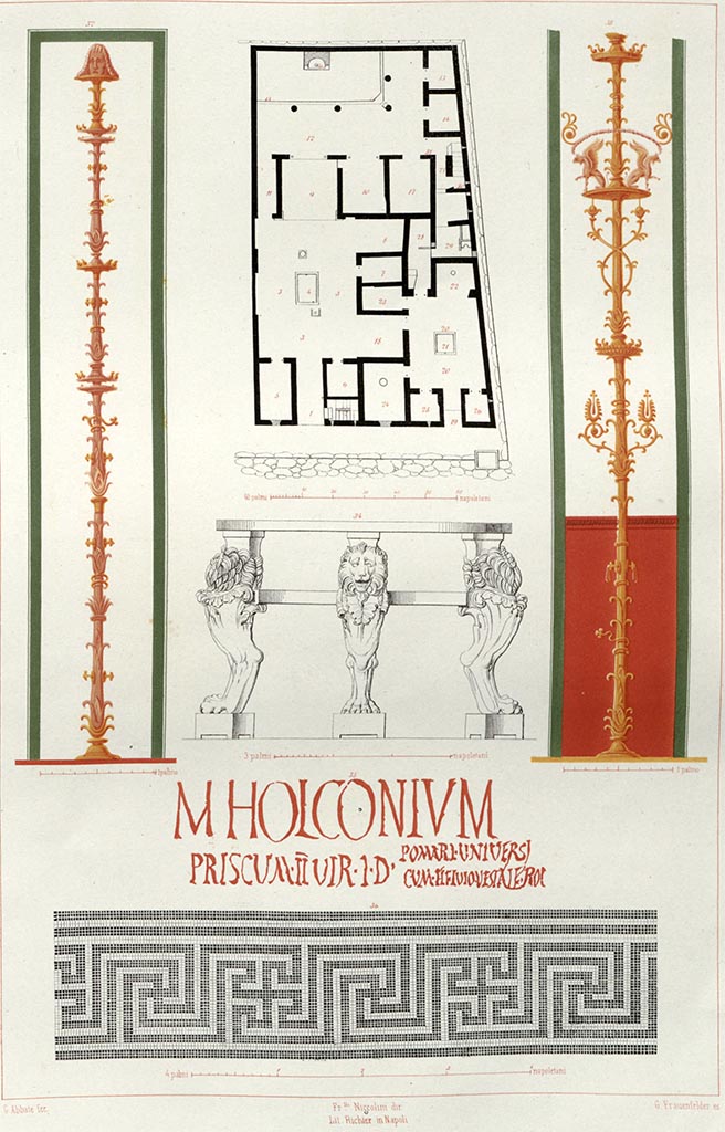 VI.8.23 Pompeii. Drawing by Niccolini of plan of house and other items from the house.
See Niccolini, F., 1854. Le Case ed i Monumenti di Pompei: Book 1, (Tav.1).
