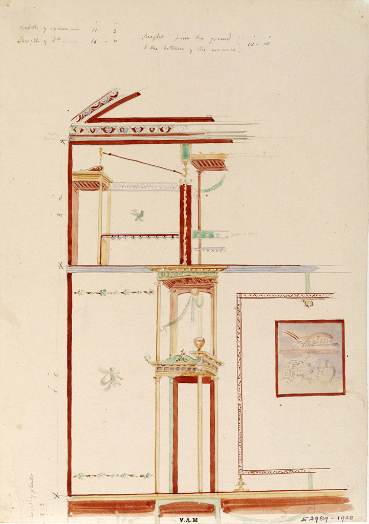 VI.8.24 Pompeii. c.1840. Detail of north side of east wall of triclinium in south-east corner of atrium.
Painting by James William Wild (1814-1892). 
Photo © Victoria and Albert Museum, inventory number E.3989-1938.
