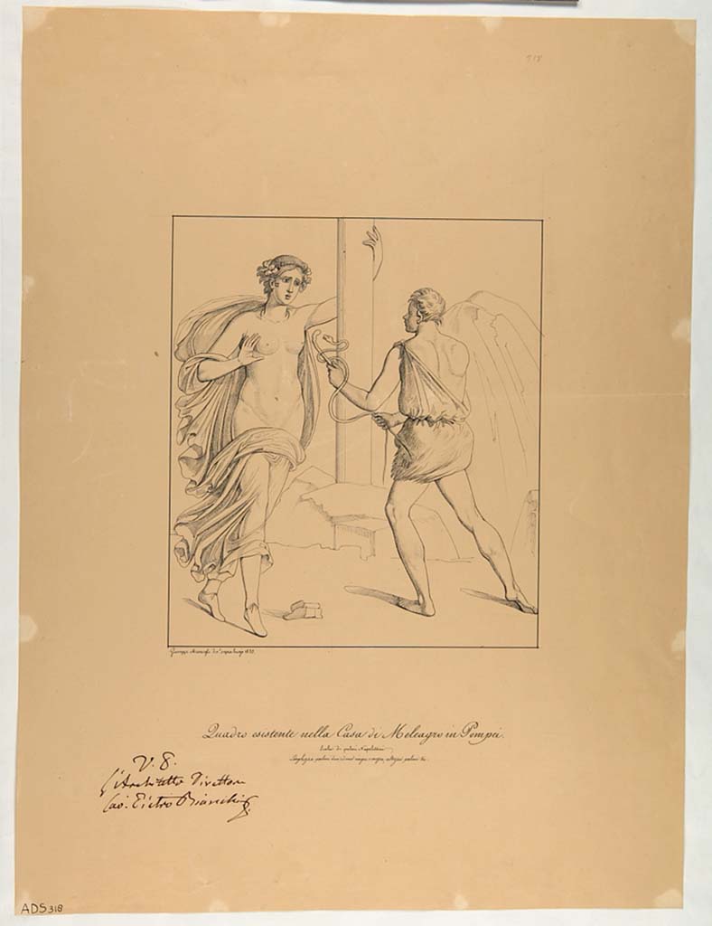 VI.9.2 Pompeii. Drawing by Giuseppe Marsigli, 1835, showing Maenad and Satyr from south wall. 
Now in Naples Archaeological Museum. Inventory number ADS 318.
Photo © ICCD. http://www.catalogo.beniculturali.it
Utilizzabili alle condizioni della licenza Attribuzione - Non commerciale - Condividi allo stesso modo 2.5 Italia (CC BY-NC-SA 2.5 IT)
