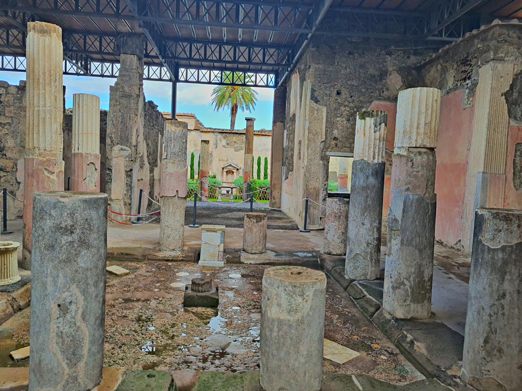 VI.9.6 Pompeii. November 2023. 
Looking east towards tablinum and garden area, across south side of impluvium in atrium. Photo courtesy of Giuseppe Ciaramella.
