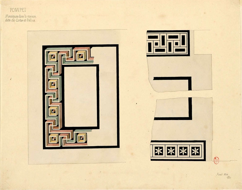 VI.9.6 Pompeii. August 1832. Floor mosaics by Questel.
See Charles-Auguste Questel (1807-1888) Voyage en Italie et Sicile. Août 1831 - novembre 1832, pl. 35/120.
INHA identifiant numérique: NUM MS 512. Document placé sous « Licence Ouverte / Open Licence » Etalab 
