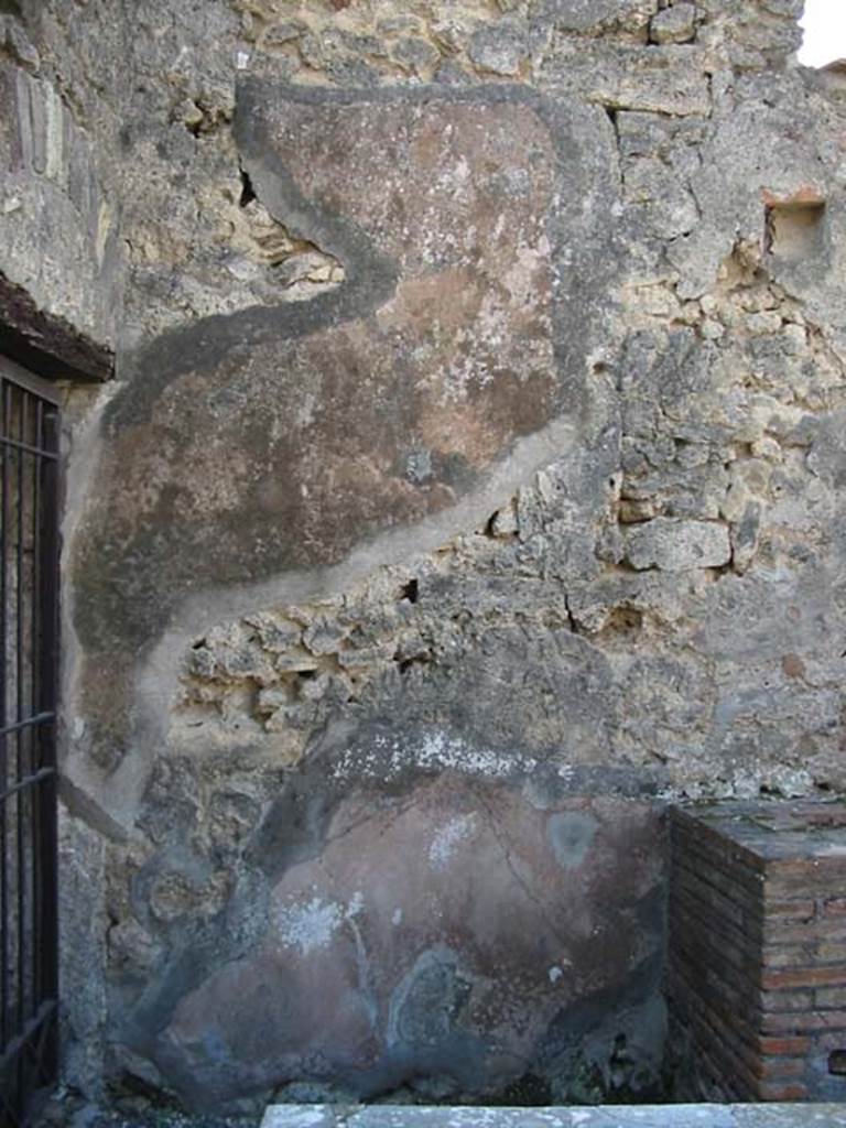 VI.10.1 Pompeii. May 2003. South wall of bar-room, with remaining mark of stairs, on left. Photo courtesy of Nicolas Monteix.