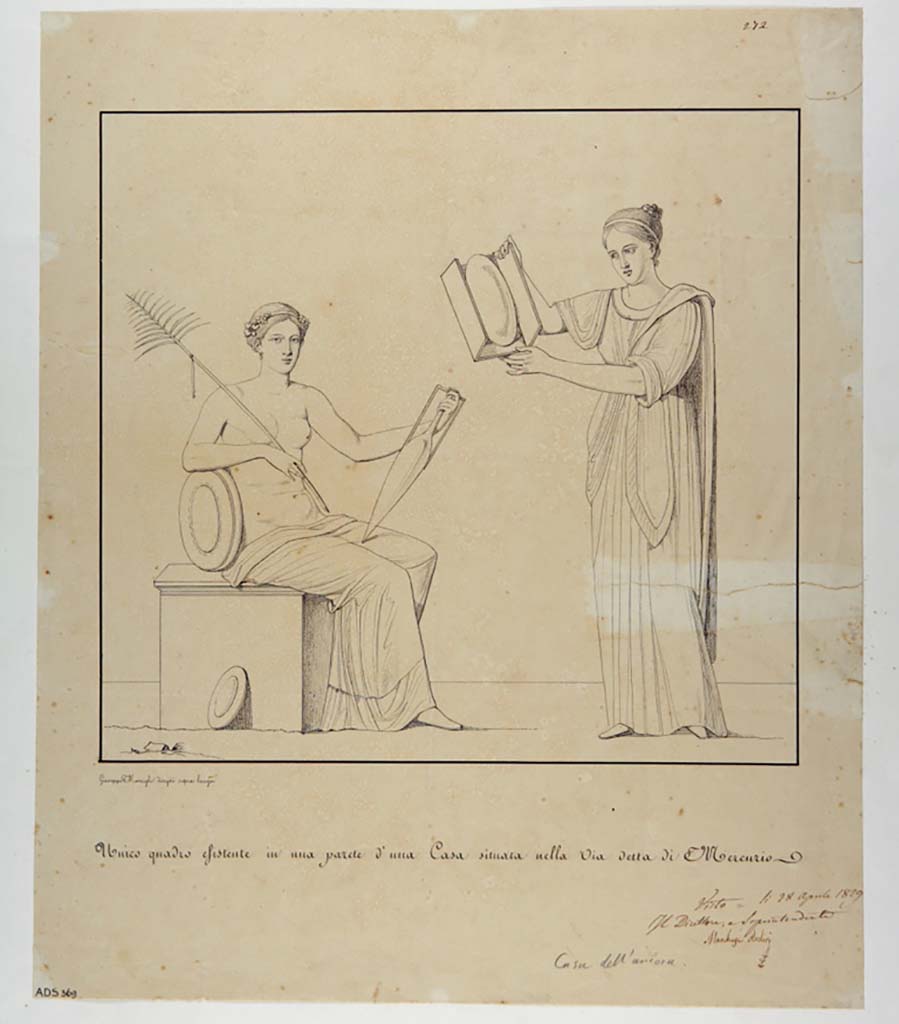 VI.10.7 Pompeii. Drawing by Giuseppe Marsigli, 1829, of central painting of two figures from wall of cubiculum, 
Now in Naples Archaeological Museum. Inventory number ADS 369.
Photo © ICCD. http://www.catalogo.beniculturali.it
Utilizzabili alle condizioni della licenza Attribuzione - Non commerciale - Condividi allo stesso modo 2.5 Italia (CC BY-NC-SA 2.5 IT)
