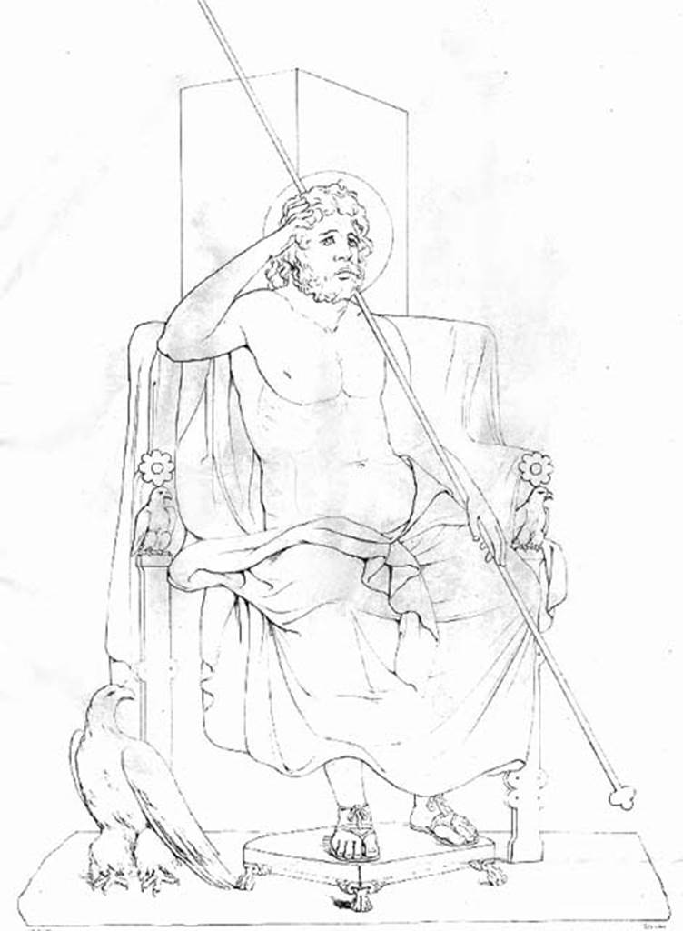 VI.10.11 Pompeii. Room 3, drawing of Zeus/Jupiter and his eagle. This was found painted on the north wall of the atrium, on the pilaster between rooms 9 and 8.
See Zahn, W., 1842. Die schönsten Ornamente und merkwürdigsten Gemälde aus Pompeji, Herkulanum und Stabiae: II. Berlin: Reimer. (tav 88)
