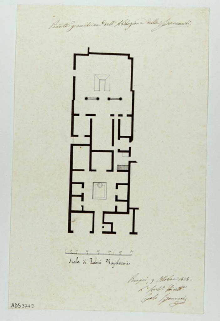 VI.10.11 Pompeii. Drawing of plan of house by Carlo Bonucci, dated 9th October 1828.
At this time, the house was known as “Casa delle Baccanti”.
Now in Naples Archaeological Museum. Inventory number ADS 374D.
Photo © ICCD. http://www.catalogo.beniculturali.it 
Utilizzabili alle condizioni della licenza Attribuzione - Non commerciale - Condividi allo stesso modo 2.5 Italia (CC BY-NC-SA 2.5 IT)
