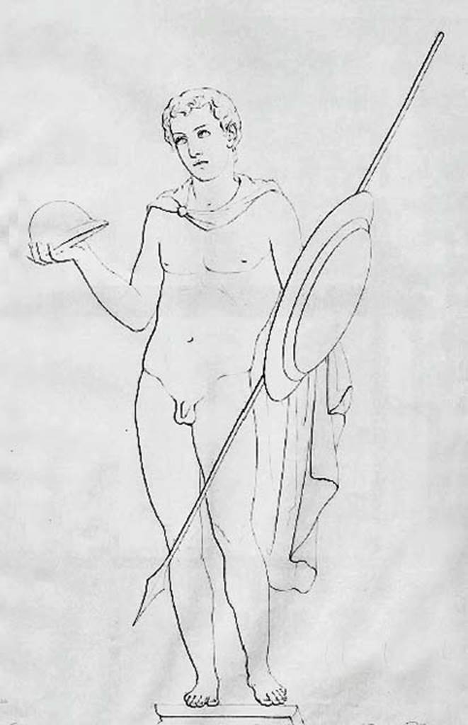 VI.10.11 Pompeii. Room 3, drawing of naked warrior, from south side of doorway to room 4 on east wall of atrium.
See Zahn, W., 1852. Die schönsten Ornamente und merkwürdigsten Gemälde aus Pompeji, Herkulanum und Stabiae: III. Berlin: Reimer. (tav 70)
See Helbig, W., 1868. Wandgemälde der vom Vesuv verschütteten Städte Campaniens. Leipzig: Breitkopf und Härtel. (1833)
