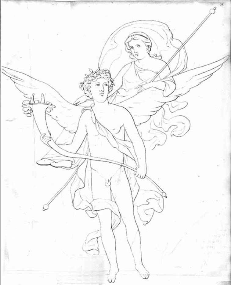 VI.10.11 Pompeii. Room 3, drawing of flying couple, with cornucopia.
See Zahn, W., 1828. Die schönsten Ornamente und merkwürdigsten Gemälde aus Pompeji, Herkulanum und Stabiae: I. Berlin: Reimer. (tav 12)
According to Bragantini, this painting of a couple in flight with cornucopia was found on the east wall between doorways to rooms 5 and 4.
See Bragantini, de Vos, Badoni, 1983. Pitture e Pavimenti di Pompei, Parte 2. Rome: ICCD. (p.235, atrio 2)
According to Schefold, this was found on the east wall between rooms 6 and 5.
See Schefold, K., 1957. Die Wände Pompejis. Berlin: De Gruyter. (p.124)
Now in Naples Archaeological Museum, inventory number 8830.
