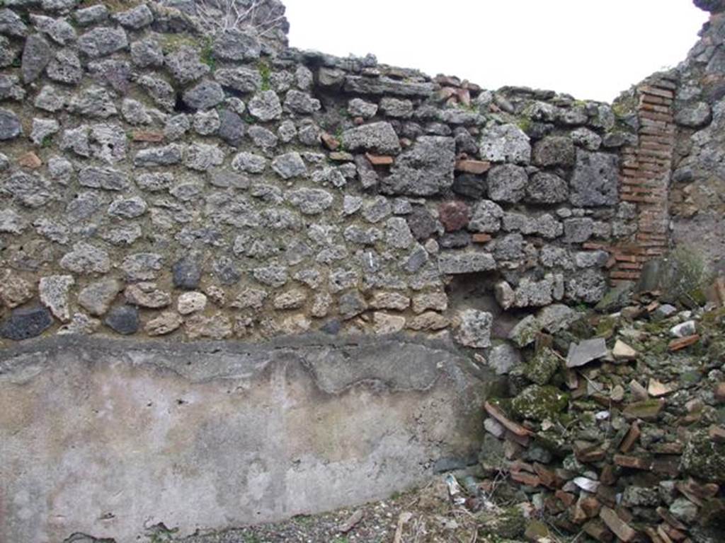 VI.10.14 Pompeii. March 2009. Room 13, east wall of triclinium on west side of entrance with remains of painted zoccolo.   