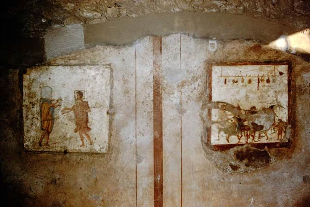 VI.10.19 Pompeii. 1959. Frescoes on south wall of rear room. Photo by Stanley A. Jashemski.
Source: The Wilhelmina and Stanley A. Jashemski archive in the University of Maryland Library, Special Collections (See collection page) and made available under the Creative Commons Attribution-Non Commercial License v.4. See Licence and use details.
J59f0532
