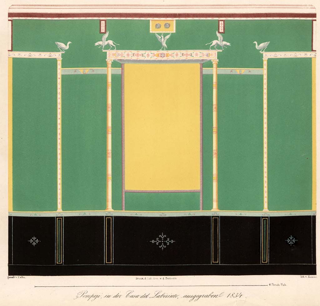 VI.11.9 Pompeii. Pre-1849. Room 21, west or east wall of tepidarium.
See Zahn W., 1849. Ornamente aller klassischen Kunst-Epochen nach den Originalen in ihren eigenthümlichen Farben. Berlin: Reimer, Taf. 36.


