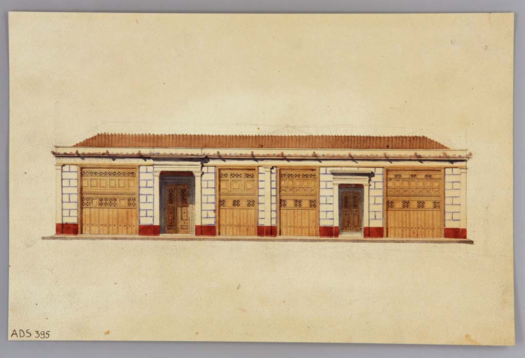 VI.12.1/2/3/4/5 and 6, Pompeii. Drawing by Pasquale Maria Veneri, of his idea of the reconstruction of the south exterior façade.
Now in Naples Archaeological Museum. Inventory number ADS 395.
Photo © ICCD. http://www.catalogo.beniculturali.it
Utilizzabili alle condizioni della licenza Attribuzione - Non commerciale - Condividi allo stesso modo 2.5 Italia (CC BY-NC-SA 2.5 IT)

