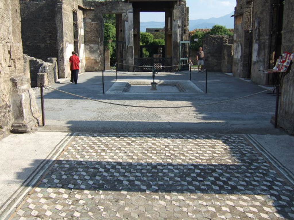 VI.12.2 Pompeii. September 2005. Looking south from tablinum, across atrium to entrance.
In the upper left can be seen the doorway to the remaining cubiculum 28, in the south-east corner of the atrium.
