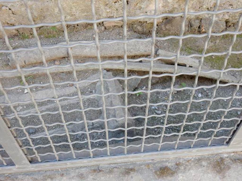 VI.13.16 Pompeii. May 2017. Lead pipes in pavement near back wall of VI.13.16 on Vicolo di Mercurio. Photo courtesy of Buzz Ferebee.
