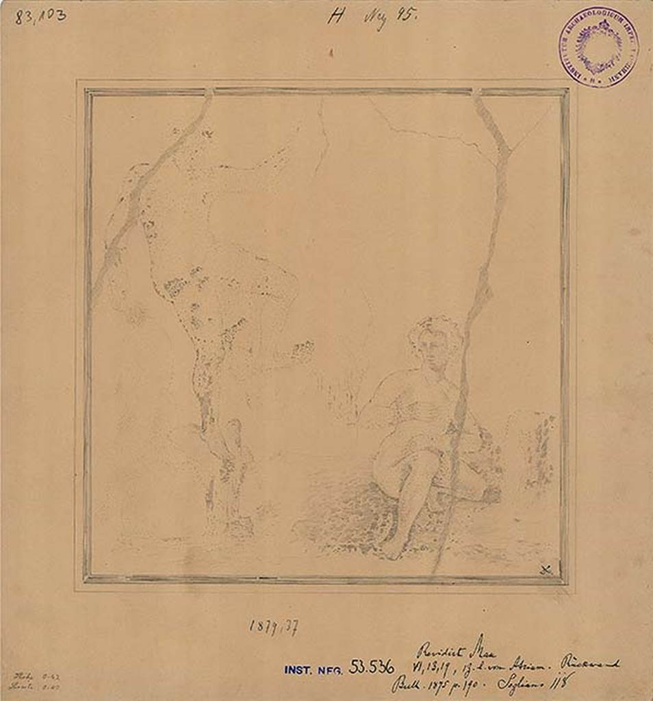 VI.13.19 Pompeii. Triclinium on north side of atrium, north wall, centre part.
1879 drawing by A. Sikkard of the painting of Acteon surprising Artemis while the goddess is bathing. 
DAIR 53.536. Photo © Deutsches Archäologisches Institut, Abteilung Rom, Arkiv. 
See http://arachne.uni-koeln.de/books/archive/A-VII-32/100

