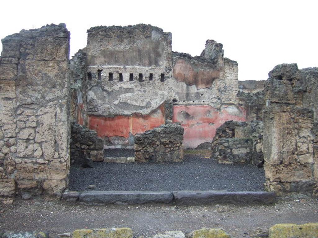 VI.14.8 Pompeii. December 2005. Entrance doorway, looking north across shop to two rear rooms.