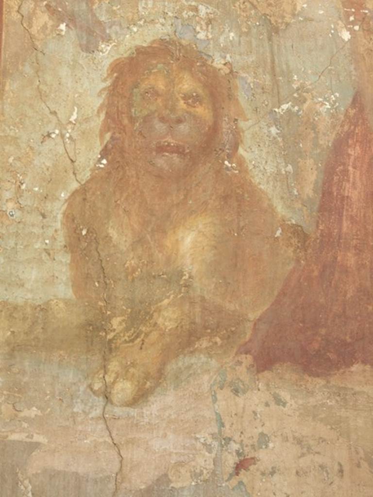 VI.14.20 Pompeii. March 2009. Room 18, painted lion on west wall of garden area.