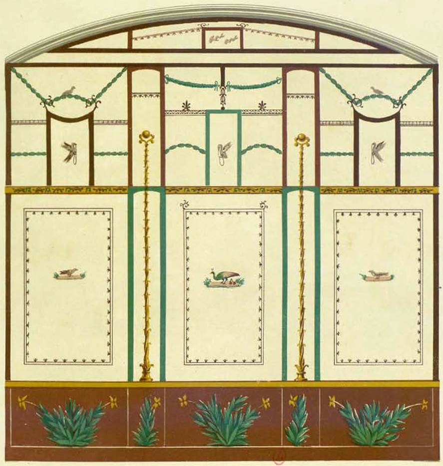 VI.14.25 Pompeii. Triclinium wall decoration, south wall as painted by Presuhn. 
See Presuhn E., 1878. Pompi : Les dernires fouilles de 1874  1878. Leipzig: Weigel, Section IV taf. VI.
