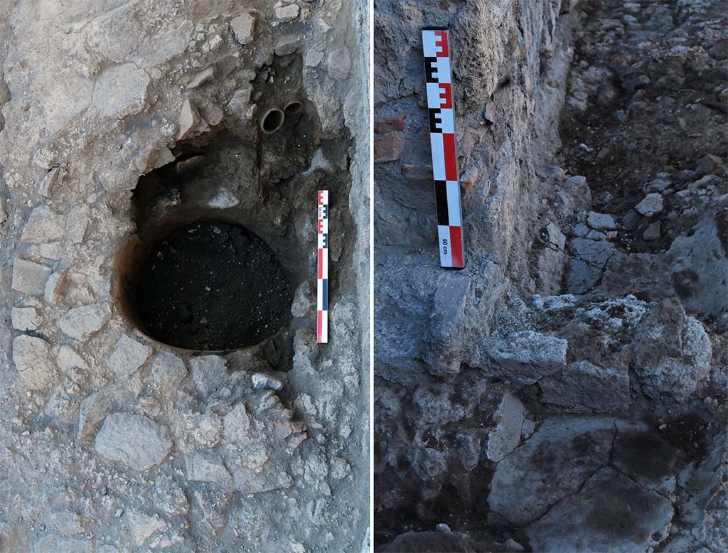 Fig. 12 - Pompéi Pistrina. Aménagements hydrauliques antérieurs à la création de la boulangerie VI 14, 28-32 et partiellement réaménagés lors de sa mise en place. 
À gauche, la citerne probablement fonctionnelle au moment de l’éruption. À droite, une rigole finissant initialement dans la citerne ( ?), modifiée par la construction d’un muret.
Clichés : Fr. Fagioli / ÉfR.
