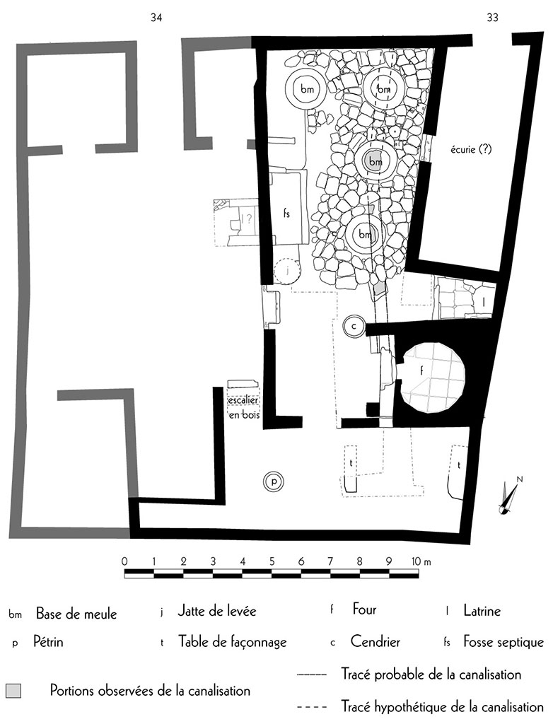 Fig. 13 - Pompi Pistrina. Plan de la boulangerie VI 14, 33-34.
Relev : S. Aho, E. Proudfoot, Th. Derrick ; DAO : R. Macario, N. Monteix ; chelle 1/100.
