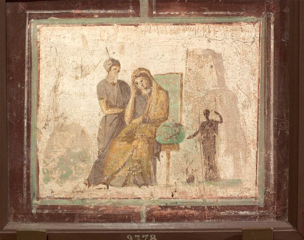 VI.14.42 Pompeii.  Room on south side (right) from tablinum. Wall painting of Phaedra and wet nurse or two women in conversation. Now in Naples Archaeological Museum.  Inventory number 9378. See Helbig, W., 1868. Wandgemlde der vom Vesuv verschtteten Stdte Campaniens. Leipzig: Breitkopf und Hrtel. (1433 described as Woman and ladies maid).
See Schefold, K., 1957. Die Wnde Pompejis. Berlin: De Gruyter. (p. 138).
