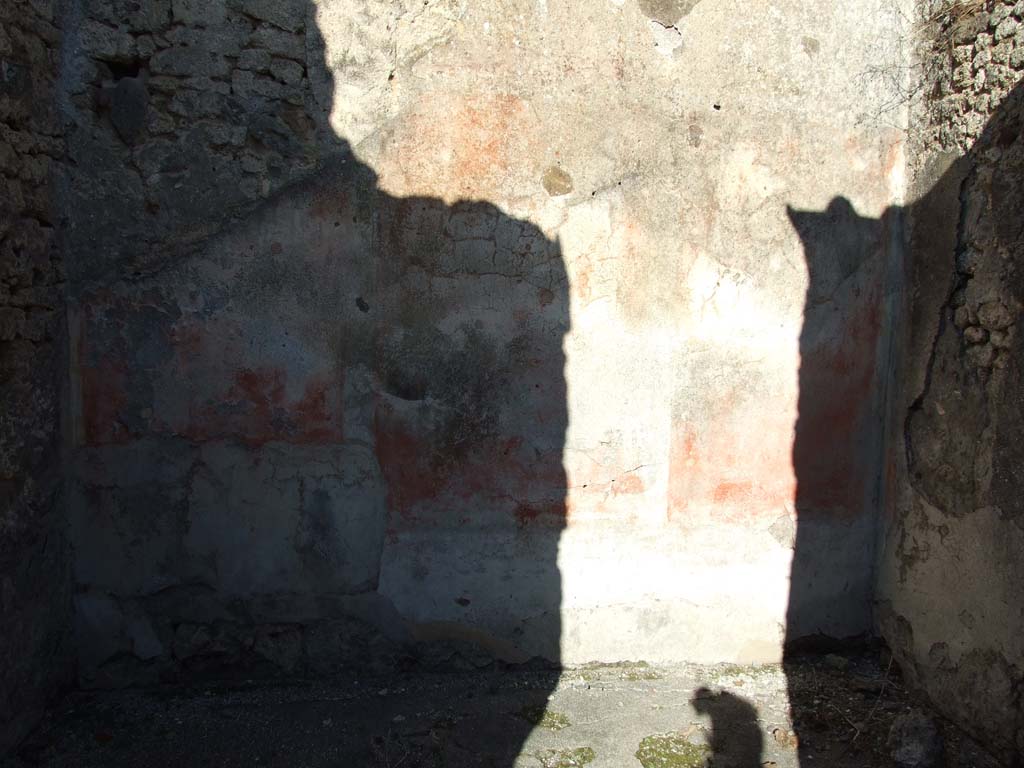 VI.14.43 Pompeii. December 2007. Room 3, on north side of atrium, looking towards north wall.
According to Bragantini, the floor of this room would have been of cocciopesto with a pattern of regular marble chippings.
The north wall would have had a black dado, and the middle zone of the walls was red.
See Bragantini, de Vos, Badoni, 1983. Pitture e Pavimenti di Pompei, Parte 2. Rome: ICCD. (p.300, ambiente ‘10’)
