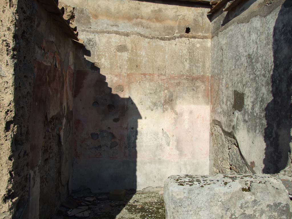 VI.14.43 Pompeii. December 2007. Room 4, on north side of atrium, looking north.
According to Bragantini, the floor of this room would have been of cocciopesto decorated with black and white stones.
The small pattern formed a cross shape with four black tesserae surrounding a white stone.
The floor was edged with a border of a line of white tesserae next to a line of black tesserae.
The north wall was painted with a black dado, the middle zone showed a central aedicula with a white background.
The side panels were faded and discoloured, but the east and west walls appeared to have been red.
The upper zone of the wall was white.
See Bragantini, de Vos, Badoni, 1983. Pitture e Pavimenti di Pompei, Parte 2. Rome: ICCD. (p.300, ambiente ‘9’)
