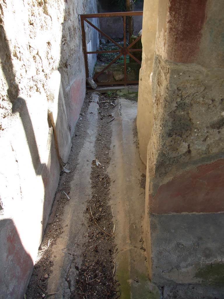 VI.14.43 Pompeii. December 2007. Room 14, drainage channel behind mosaic fountain in garden area.    