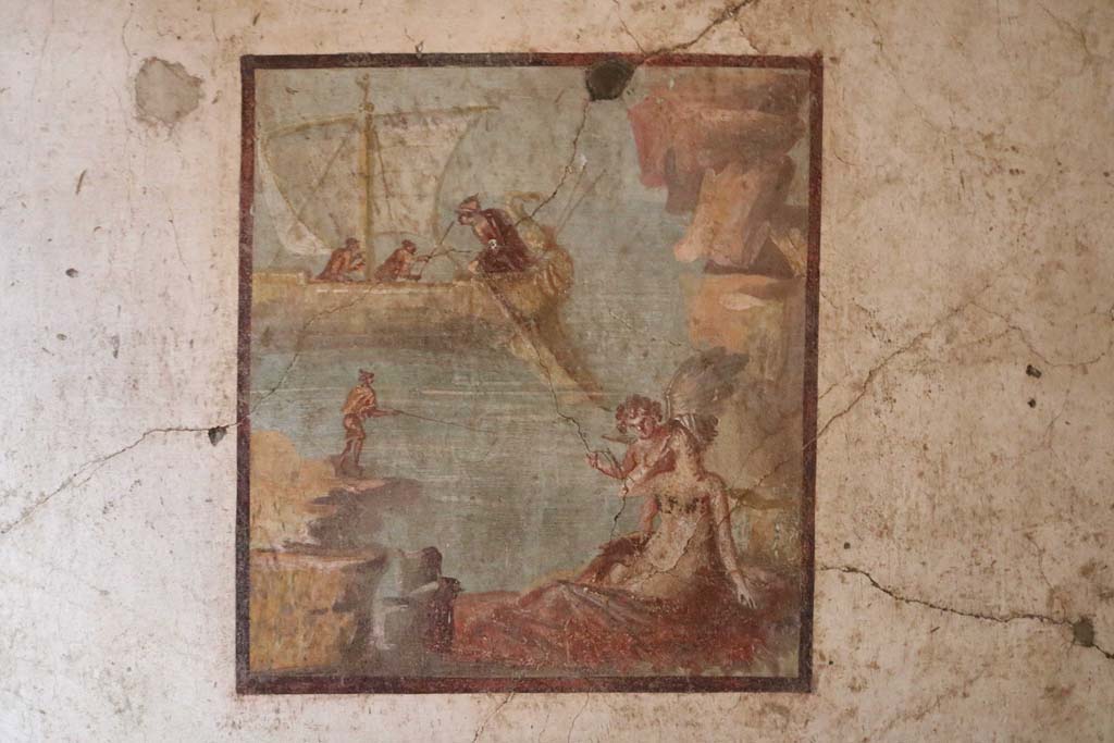 VI.15.1 Pompeii. December 2018. 
Central wall painting from north wall of bedroom on left of main entrance, Ariadne being abandoned by Theseus. 
Photo courtesy of Aude Durand.
