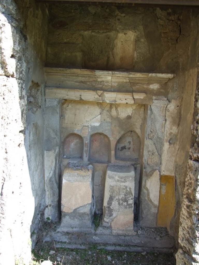 VI.15.5 Pompeii. March 2009. Room 1, atrium.    Altar on east wall of the atrium composed of three arched niches, all of different sizes, and all three painted in red on the inside. In front of the niches are two brick altars, with the remains of painted plaster. According to Boyce, in the east wall of the atrium to the right of the entrance is a small recess done in the period of the First Style. It was evidently converted into a domestic sacellum at some later time. The back wall of the recess contains a large rectangular niche. This extends across almost its entire breadth, bordered by two pilasters. Later, it may have been in the time of the Second, or as late as the Fourth Style, three small irregular arched niches were cut, none of the same size. On the floor between them were set two masonry altars. The interior walls of the niches were coated with red, the altars with yellow stucco in imitation of marble.
There is still another niche of irregular shape in the wall above the First Style cornice of the original niche. See Boyce G. K., 1937. Corpus of the Lararia of Pompeii. Rome: MAAR 14. (p. 54-5, no.212, with Pl. 40, 1)  
See Giacobello, F., 2008. Larari Pompeiani: Iconografia e culto dei Lari in ambito domestico.  Milano: LED Edizioni. (p.242)