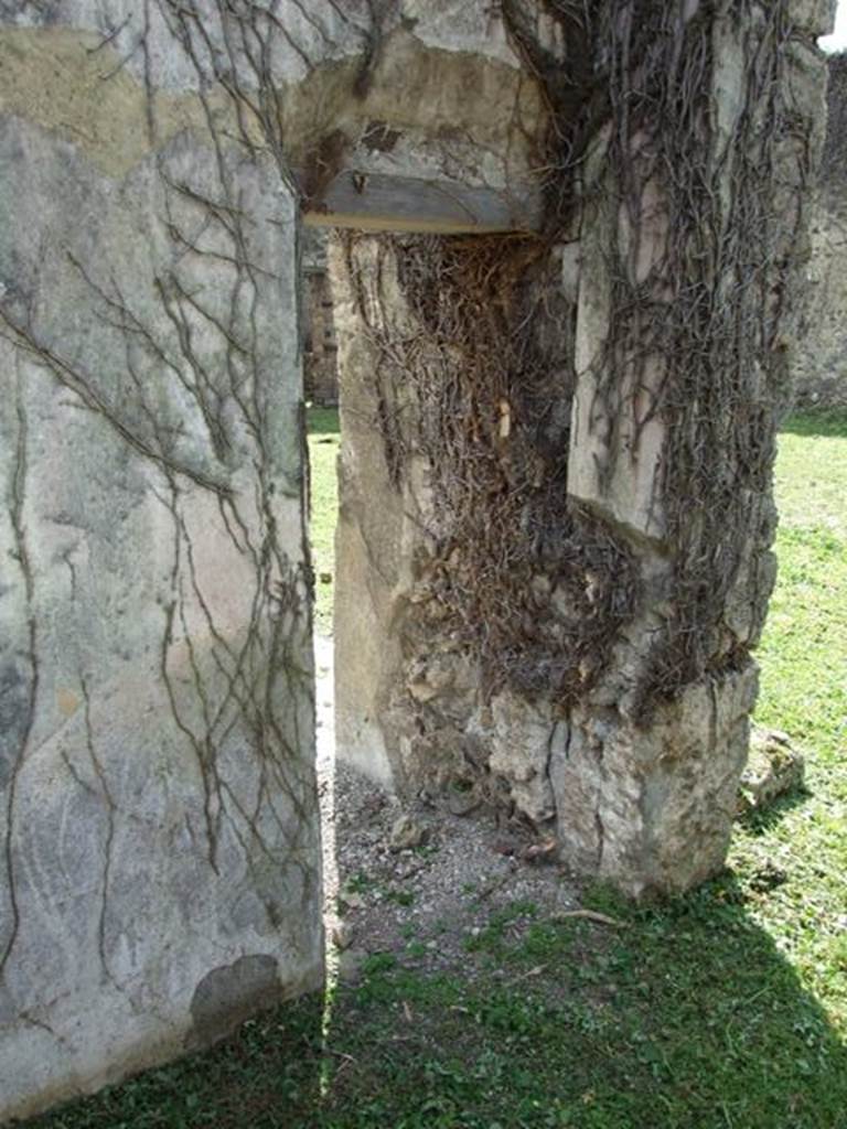 VI.15.5 Pompeii. March 2009. Room 24, oecus. Small doorway in south wall, leading to tablinum.
