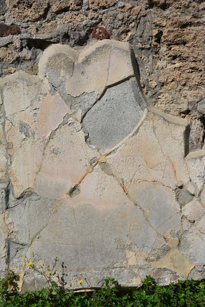 VI 15 5 Pompeii. March 2019. 
Oecus 24, detail of remaining decoration at east end of north wall above bed recess.
Foto Annette Haug, ERC Grant 681269 DCOR.
