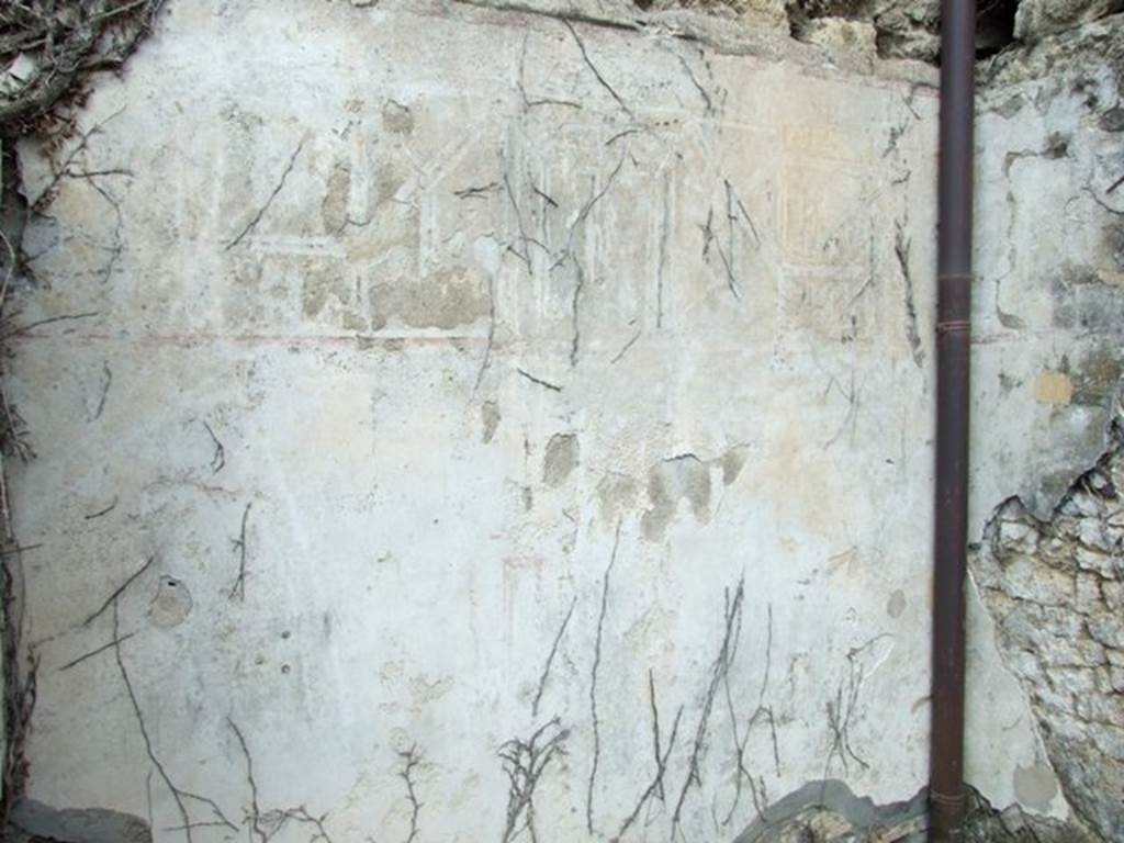 VI.15.6 Pompeii. March 2009. Room 2, north wall of cubiculum.  According to NdS, the walls of this room were decorated in white and partitioned into panels of the usual architectural concepts of the last style.  In each panel the following representations were seen, starting on the north wall  
a sacred tree trunk and bronze urn supported by four feet:  
a bronze amphora with a palm branch leaning against it, and to the right, a tree trunk:
a winged bird in front of a bunch of grapes, the painting was enclosed in a medallion:
a cockerel in the act of pecking two fruits, also enclosed in a medallion:
an urn, in the usual circle:
a vase or urn which was supporting a palm branch, and on the right was a tree trunk.
The paintings from the west wall were destroyed. See Notizie degli Scavi, January 1897, (p.30)
