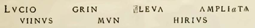 VI.15.6 Pompeii. Graffiti from the left side of the staircase. See Notizie degli Scavi, January 1897, (p. 31)
According to Epigraphik-Datenbank Clauss/Slaby (See www.manfredclauss.de) these read
Lucius       [CIL IV 4627]
Corintia       [CIL IV 4628]
[3]li va(le)       [CIL IV 4629]
Ampli[a]ta       [CIL IV 4630]
Venust[us]       [CIL IV 4631]
Mum()      [CIL IV 4632]
Hirius       [CIL IV 4633]

