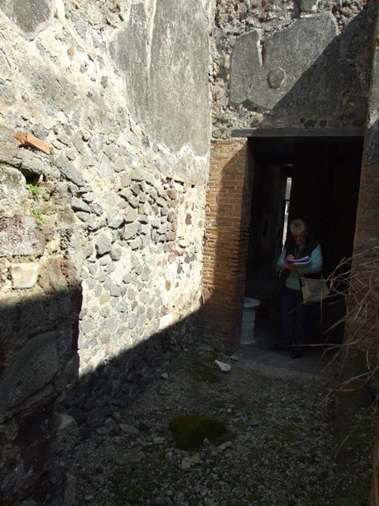 VI.15.9 Pompeii.  March 2009.  Roofless kitchen area looking east, walls with no holes for an upper floor.