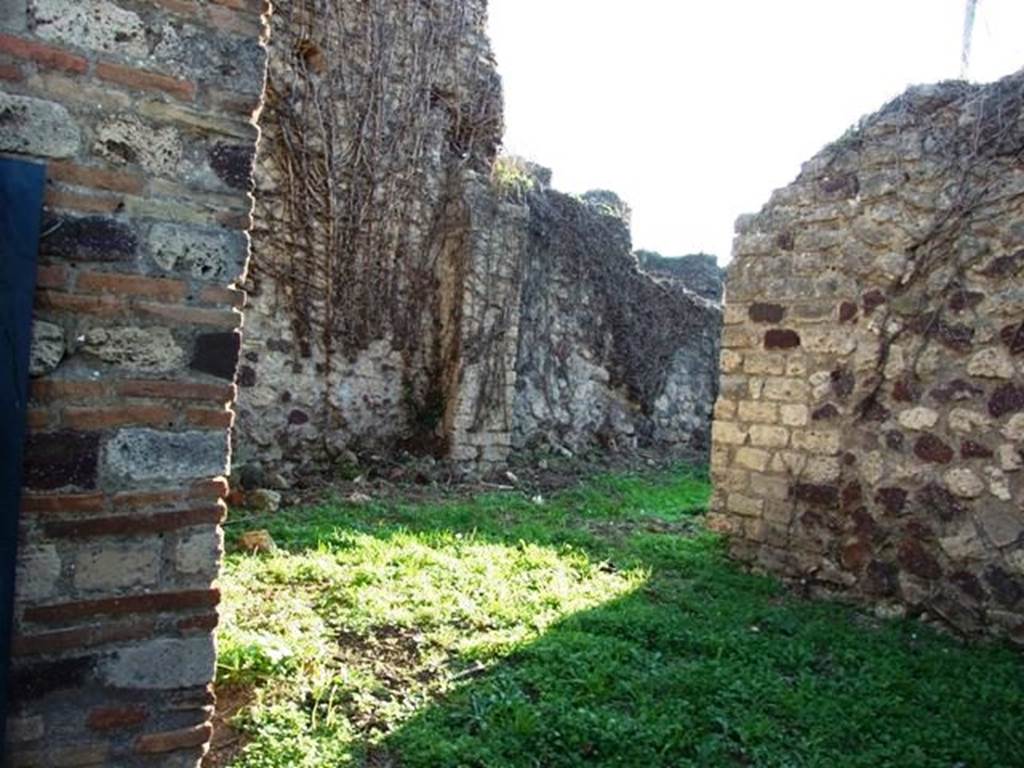 VI.15.13 Pompeii. December 2007. West wall in south-west corner with doorway to large rear room.