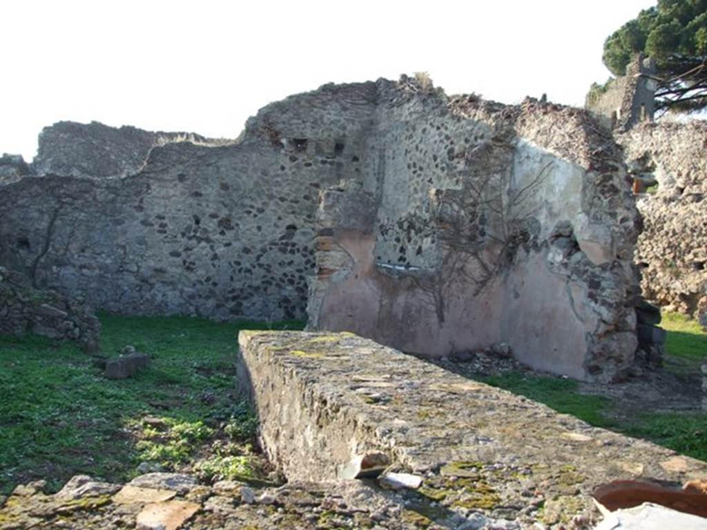 VI.15.16 Pompeii. December 2007. Looking north-west across remains of two-sided counter with 1 dolium and a hearth. According to NdS, when excavated the two-sided counter was already partly destroyed. The counter was faced, on both sides, with red plaster. The horizontal top was covered with fragments of marble and slate, and contained four earthenware urns, of which only one remained. The counter ended with a small hearth.
The shop-room had a high dado of brick plaster and above it, white plaster. As in the previous thermopolium VI.15.15, traces of fire were observed. See Notizie degli Scavi, November 1897, (p.461-2)
