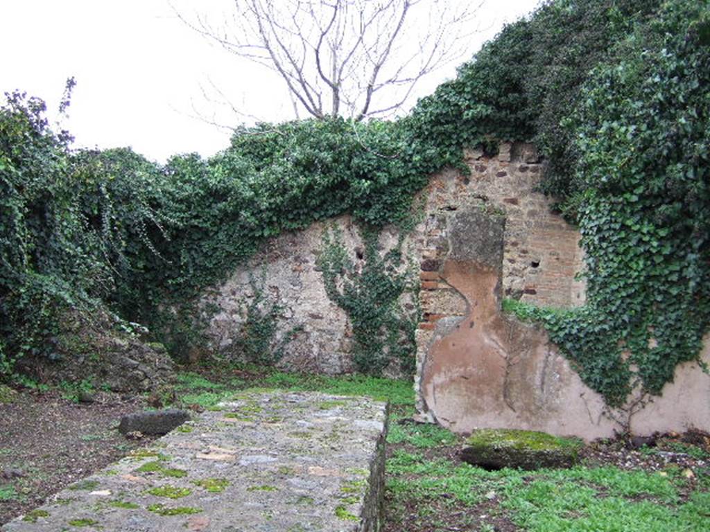 VI.15.16 Pompeii. December 2005. Looking across counter to west wall with doorway to rear room. According to NdS, this west wall would have had two windows, one on each side of the doorway to the rear room. The rear room would have had timberclad doorjambs and was totally rustic. It had a mezzanine above it.
