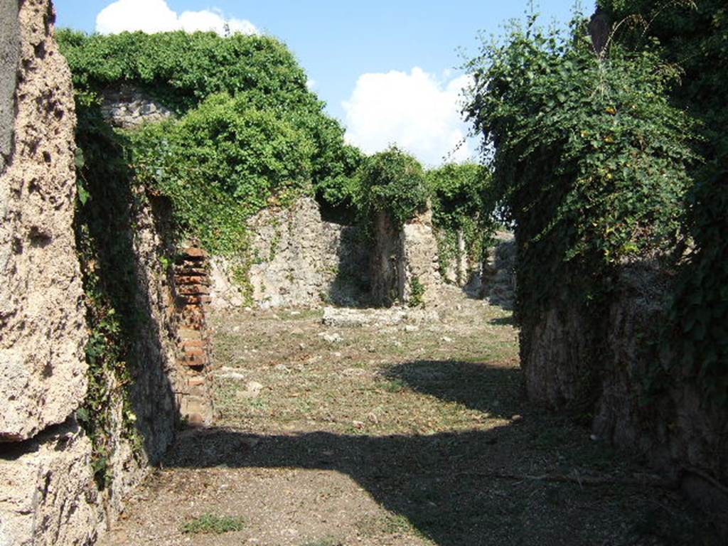 VI.15.20 Pompeii. September 2005. Looking east from entrance across wide vestibule to atrium.
According to NdS, the lower part of the walls of the atrium showed the same high dado, that was partitioned into large panels by white lines.
According to Della Corte, in this rustic house of modest size, lived M. Stlaborius Auctus.
He thought this because of a seal/signet found here -
M. Stla(borius) Auctus  [CIL X 8058, ]
See Della Corte, M., 1965. Case ed Abitanti di Pompei. Napoli: Fausto Fiorentino. (p.61, S.87)
However in 1913, he had written 
M. Stlaborius Auctus, proprietario probabilmente della casa no.23, Reg.VI. Ins.XV, come sembra provare il sigillo recante il nome di questo Pompeiano e raccolto nella casa indicata (NdS, 1897, p.323)
M. Stlaborius Auctus, owner probably of house number 23, Reg.VI, Ins.XV, as it seems proved by the seal/signet showing the name of this Pompeian and found in the house indicated (See Notizie degli Scavi, 1897, p.323)
See Della Corte, M., 1913, Memorie della Reale Accademia di Archeologia, Lettere e Belle Arti, Vol. II, (p.197)
