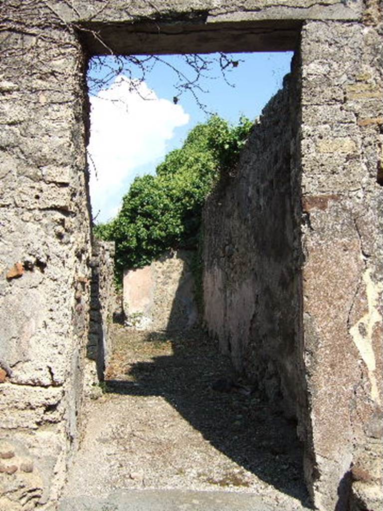 VI.15.21 Pompeii. September 2005. Looking east from entrance doorway. According to NdS, on one side of the entrance doorway was a short masonry bench faced with brick plaster (intonaco di mattone pesto). The entrance corridor was similarly covered with coarse plaster, with a high dado of cocciopesto. On the left in the corridor was the doorway leading into the kitchen, with a latrine. See Notizie degli Scavi, June 1897, (p.273)
