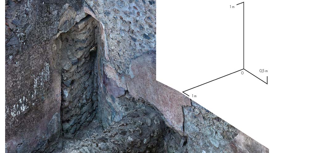 Fig. 7 – Pompéi, VI 16, 3-4, pièce 3. Angle sud-ouest où se situait une porte donnant sur la pièce 2 avant qu’elle ne soit bouchée. Isométrie sur relevé photogrammétrique. 
Cl. MIBAC/N. Monteix/EFR. Licence creative commons, © CC BY-NC-SA.
