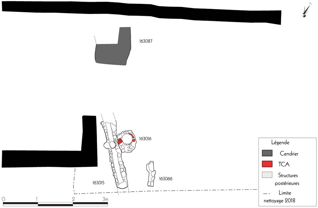 Fig. 8 – Pompéi, VI 16, 3-4, pièce 1. Plan de la première phase de l’atelier.
Relevé B. Ephrem, dessin F. Fouriaux/EFR. Licence creative commons, © CC BY-NC-SA.
